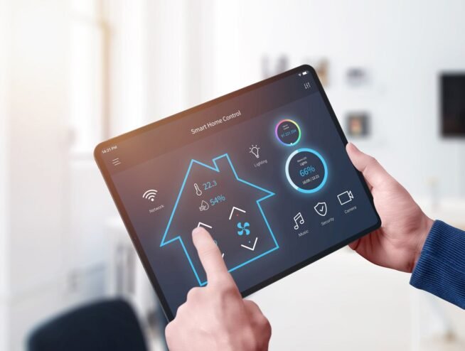 All in one smart home control system app concept on tablet display in man hands